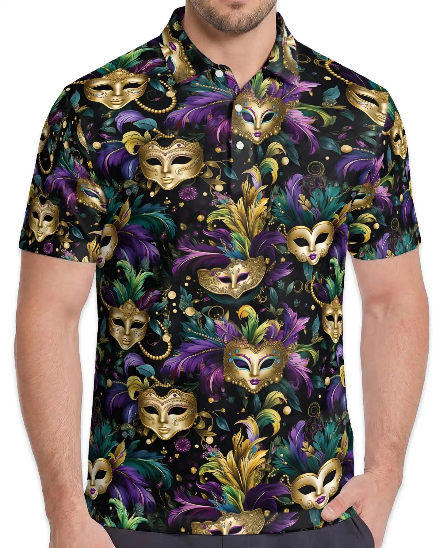 Mardi Gras Carnival Mask Hawaiian Polo Shirt for Men-Purple Green Gold Festival Party Shirt | Netecom