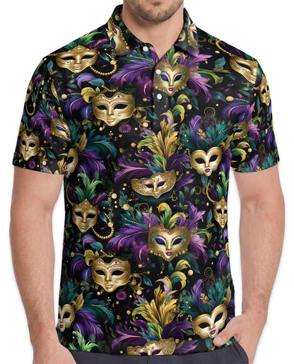 Mardi Gras Carnival Mask Hawaiian Polo Shirt for Men-Purple Green Gold Festival Party Shirt | Netecom