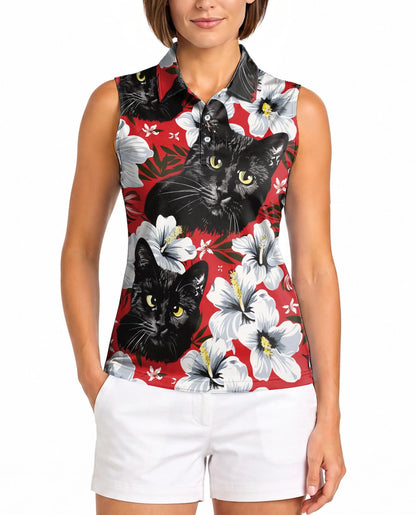 Black Cat Sleeveless Polo Shirt for Women | Netecom