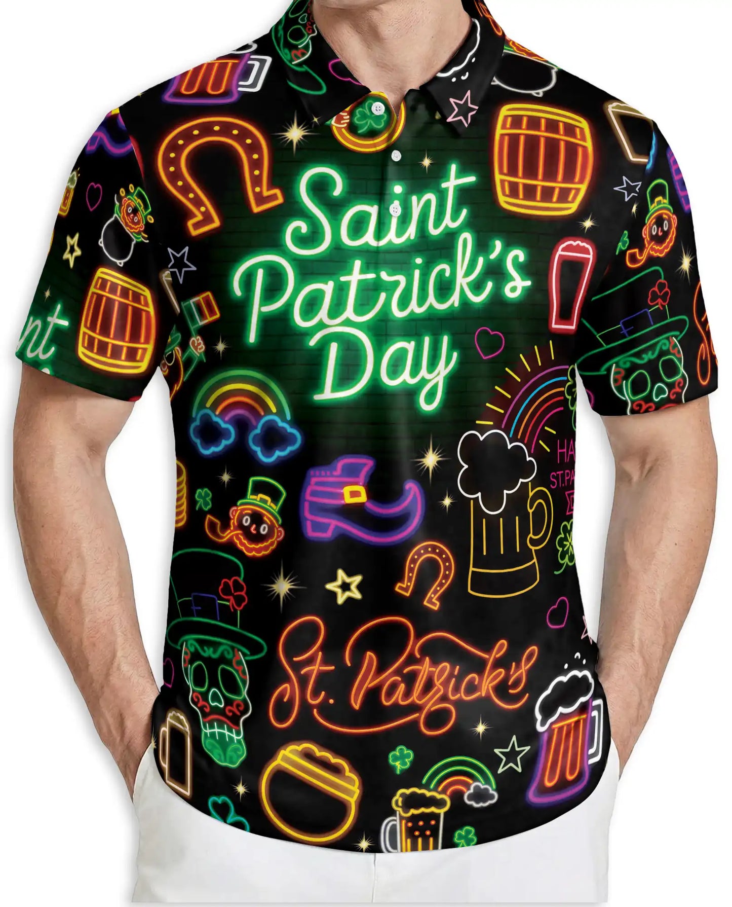 St Patrick’s Day Neon 3D Polo Shirt for Men – Funny Irish Party Style | Netecom