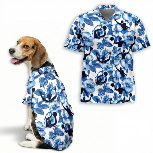 Water Polo Tropical Hibiscus Print Hawaii Dog and Owner Matching Button Shirts