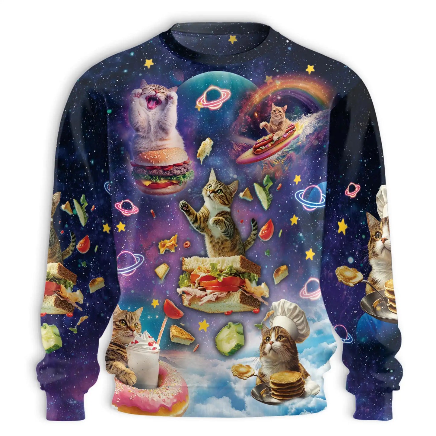 Space Cats Eating Food Sweatshirt, 3D All Over Print Funny Cat Galaxy Crewneck Pullover for Men Women, Cat Lover Gift - Netecom