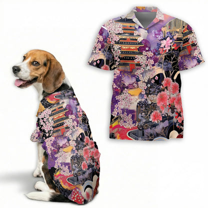 Japanese Ukiyoe Sakura Art Print Hawaii Dog and Owner Matching Button Shirts