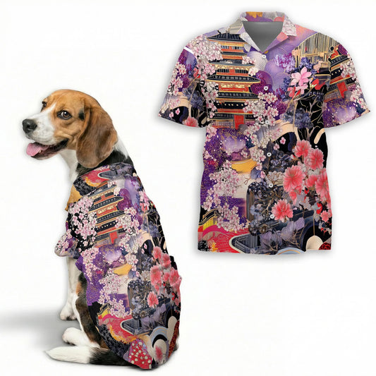 Japanese Ukiyoe Sakura Art Print Hawaii Dog and Owner Matching Button Shirts