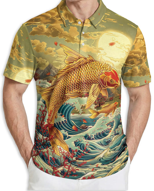 Golden Koi Fish 3D Polo Shirt for Men – Japanese Ocean Art Style | Netecom