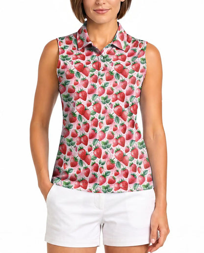 Allover Strawberry Print Sleeveless Polo Shirt for Women | Netecom