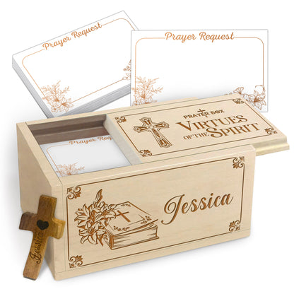 Netecom Personalized Christian Prayer Box with Custom Name on Box & Wooden Cross, Virtues of the Spirit Faith Box with 100 Prayer Request Cards, Religious Gift for Believers