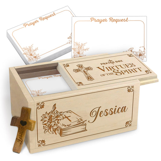 Netecom Personalized Christian Prayer Box with Custom Name on Box & Wooden Cross, Virtues of the Spirit Faith Box with 100 Prayer Request Cards, Religious Gift for Believers