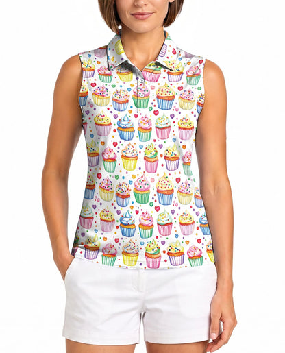 Cupcake Pattern Sleeveless Polo Shirt for Women | Netecom