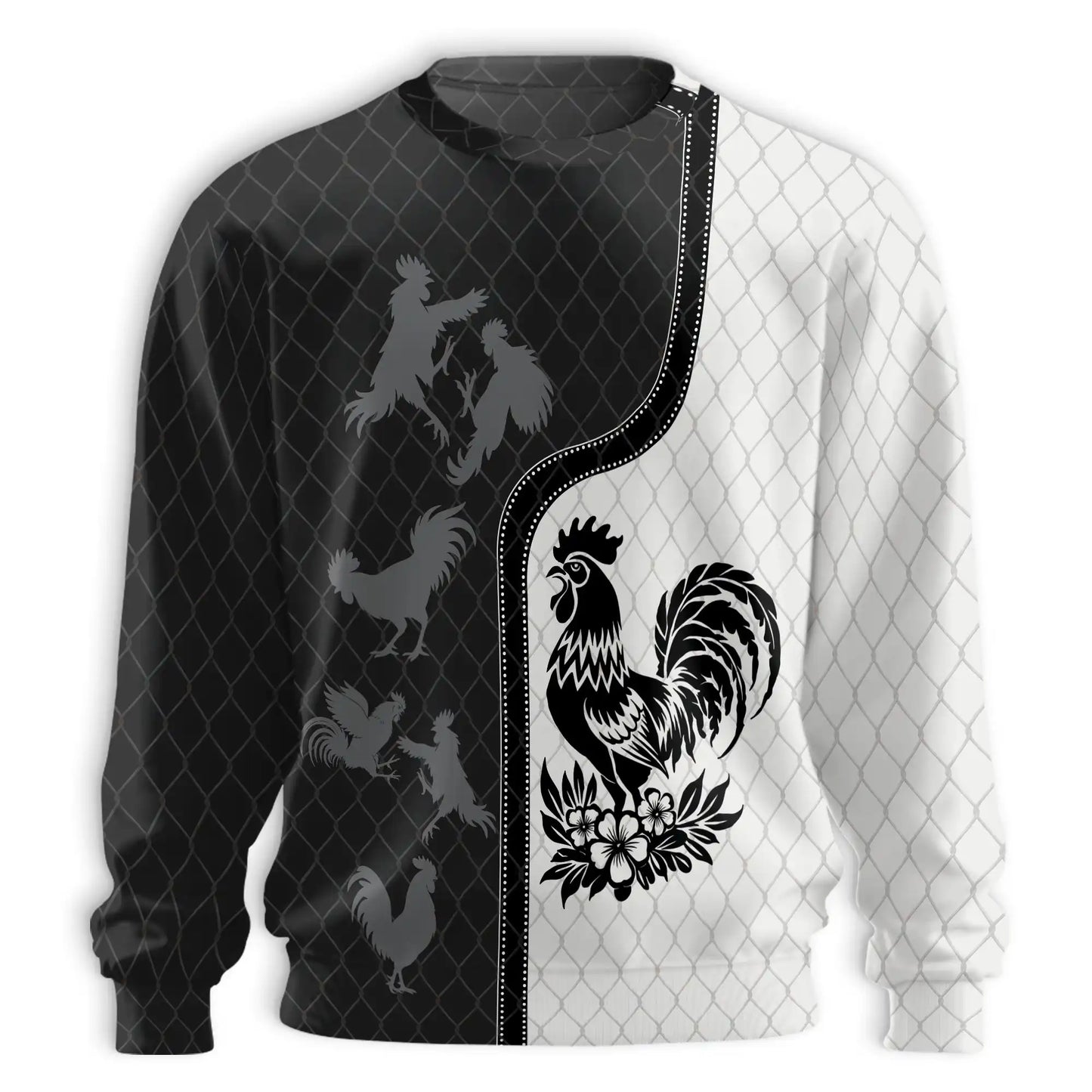 Monochrome Rooster Pattern Sweatshirt, 3D All Over Print Farm Bird Crewneck Pullover for Men Women, Rooster Lover Gift - Netecom