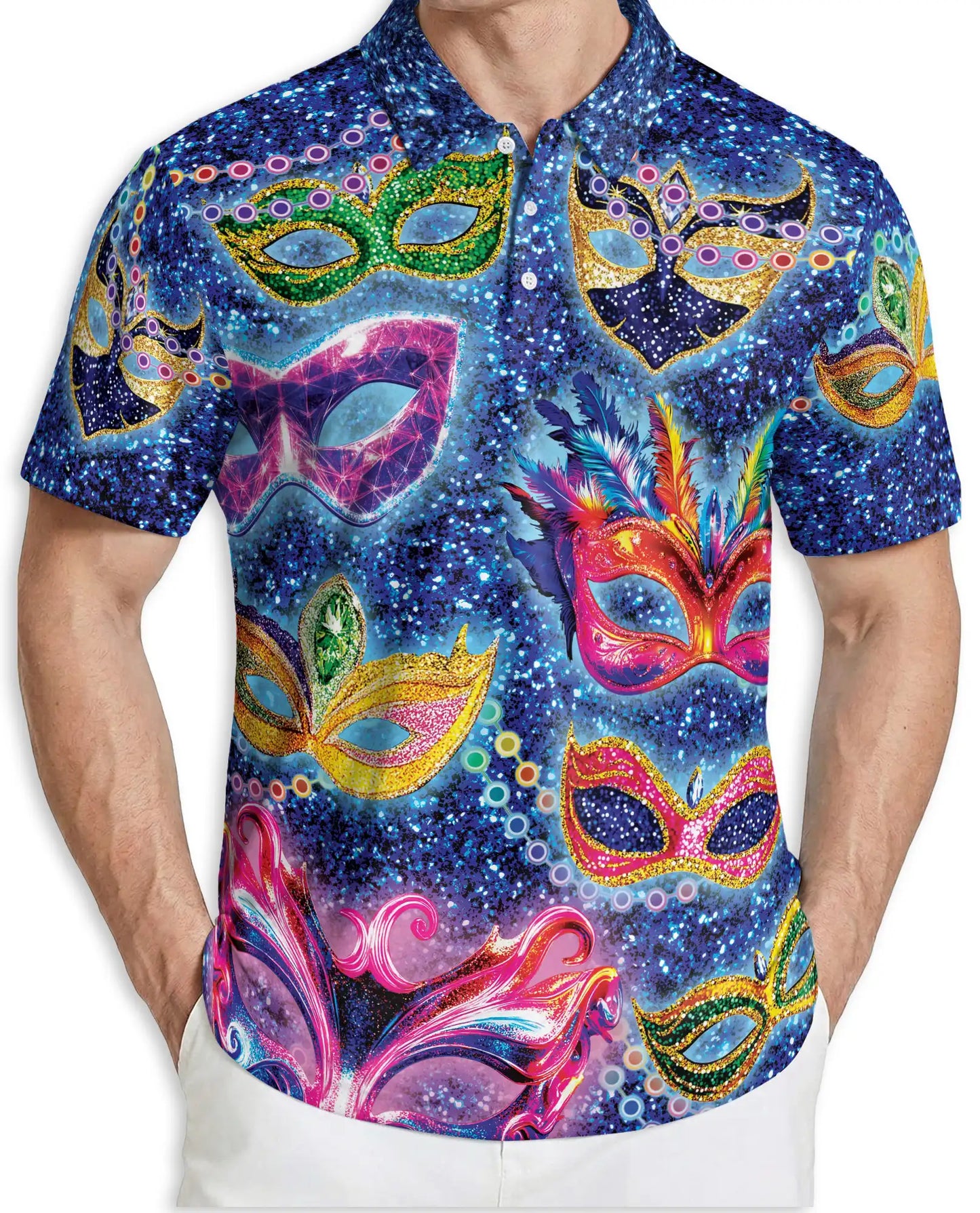 Masquerade Mask Polo Shirt – Carnival Fantasy Print | Netecom