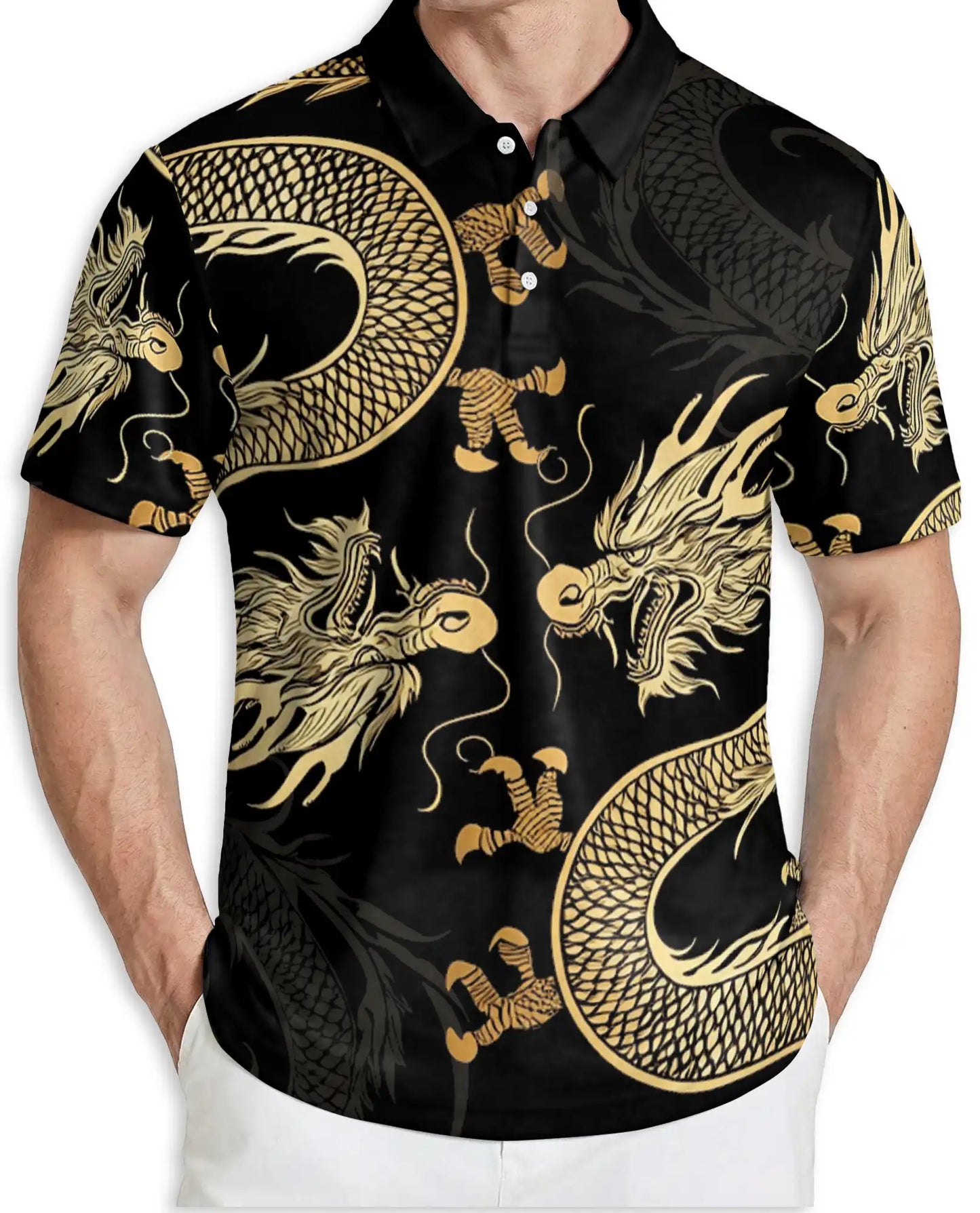 Gold Dragon 3D Polo Shirt for Men – Black Asian Fantasy Art Style | Netecom