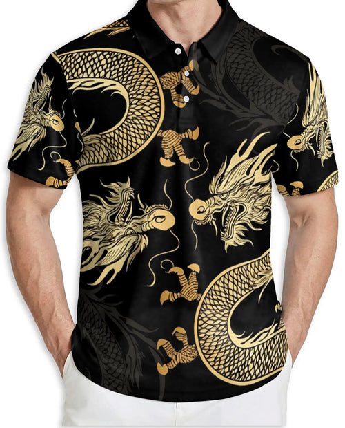 Gold Dragon 3D Polo Shirt for Men – Black Asian Fantasy Art Style | Netecom