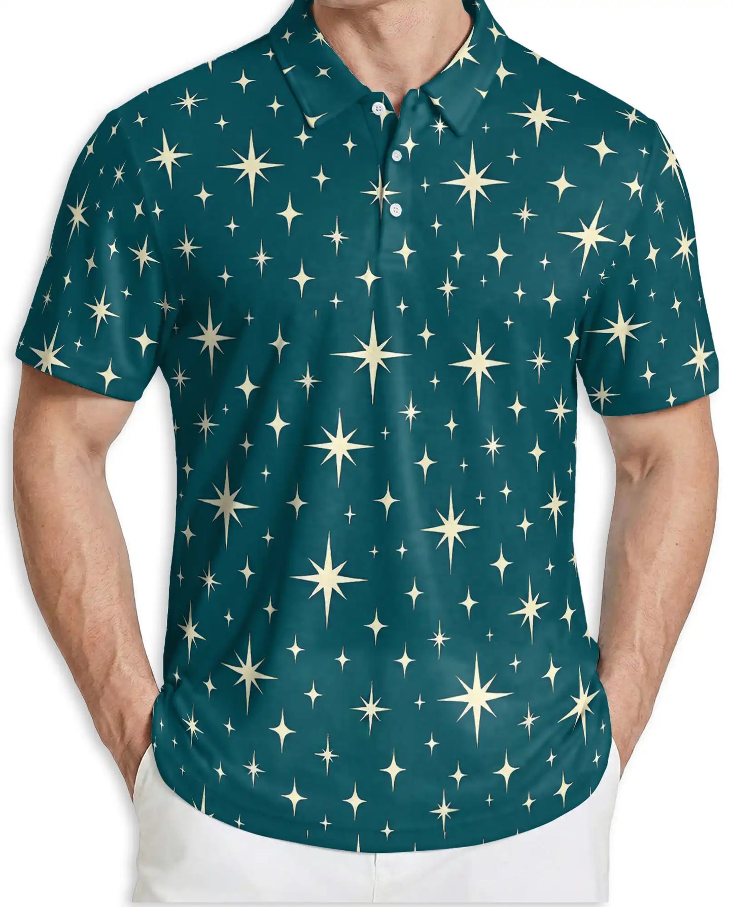 Retro Star Pattern Polo Shirt – Celestial Sky Print | Netecom