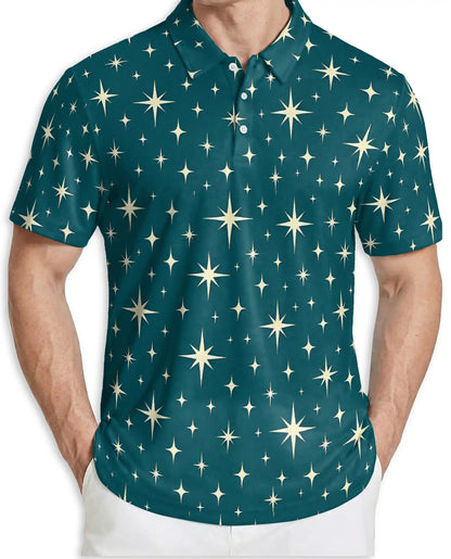 Retro Star Pattern Polo Shirt – Celestial Sky Print | Netecom