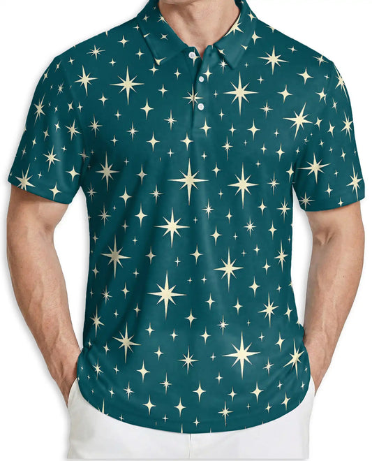 Retro Star Pattern Polo Shirt – Celestial Sky Print | Netecom