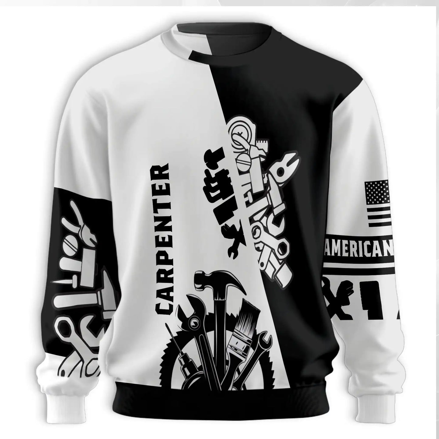 Carpenter Sweatshirt, 3D All Over Print Black and White Woodworking Crewneck Pullover for Men Women, Carpenter Gift - Netecom