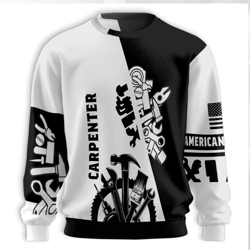 Carpenter Sweatshirt, 3D All Over Print Black and White Woodworking Crewneck Pullover for Men Women, Carpenter Gift - Netecom
