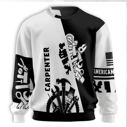 Carpenter Sweatshirt, 3D All Over Print Black and White Woodworking Crewneck Pullover for Men Women, Carpenter Gift - Netecom