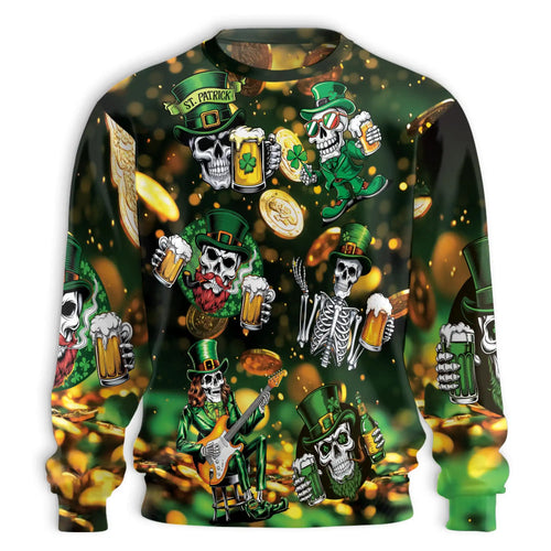 St Patrick’s Day Skull Beer Sweatshirt, 3D All Over Print Irish Shamrock Crewneck Pullover for Men Women, St Patrick’s Day Gift - Netecom
