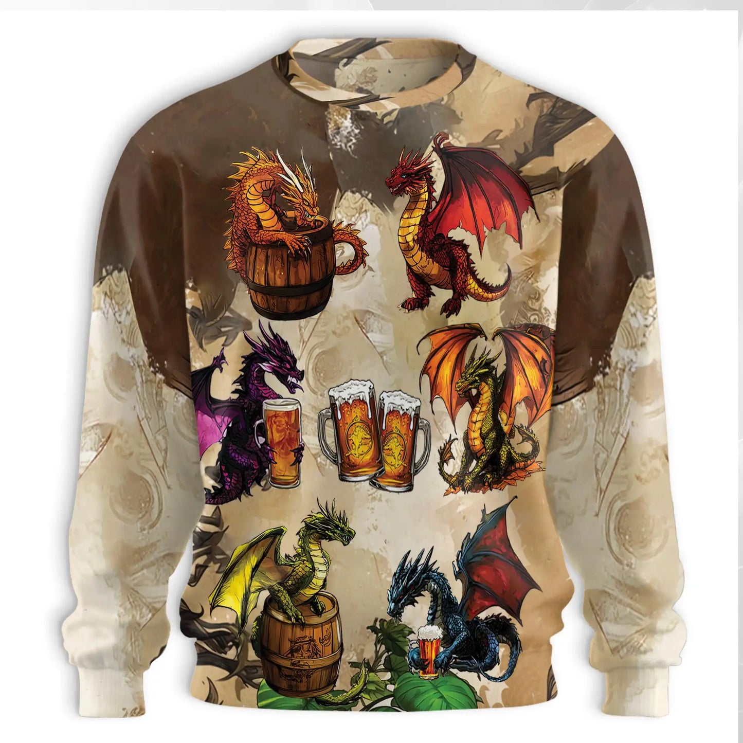 Funny Beer Dragon Sweatshirt, 3D All Over Print Fantasy Beer Crewneck Pullover for Men Women, Dragon Lover Gift - Netecom