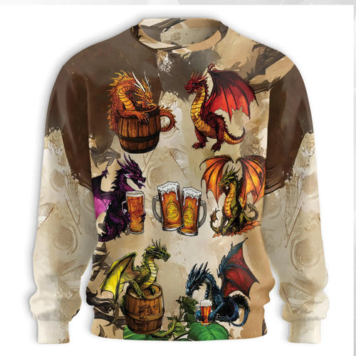 Funny Beer Dragon Sweatshirt, 3D All Over Print Fantasy Beer Crewneck Pullover for Men Women, Dragon Lover Gift - Netecom