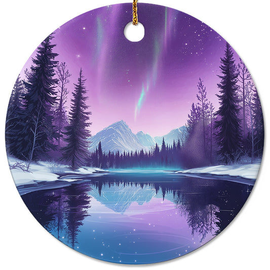 Netecom Purple Winter Forest Scene Christmas Ornaments, Ceramic Northern Lights Snow Pine Tree Keepsake Ornament for Xmas Christmas Decorations, Gifts for Holiday, Party, Home Decor