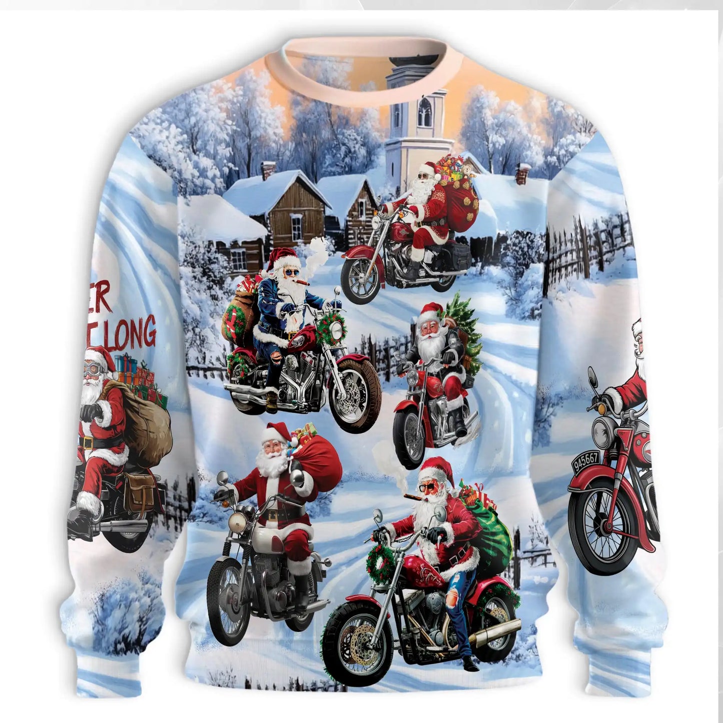 Biker Santa Christmas Sweatshirt, 3D All Over Print Motorcycle Holiday Crewneck Pullover for Men Women, Santa Rider Gift - Netecom