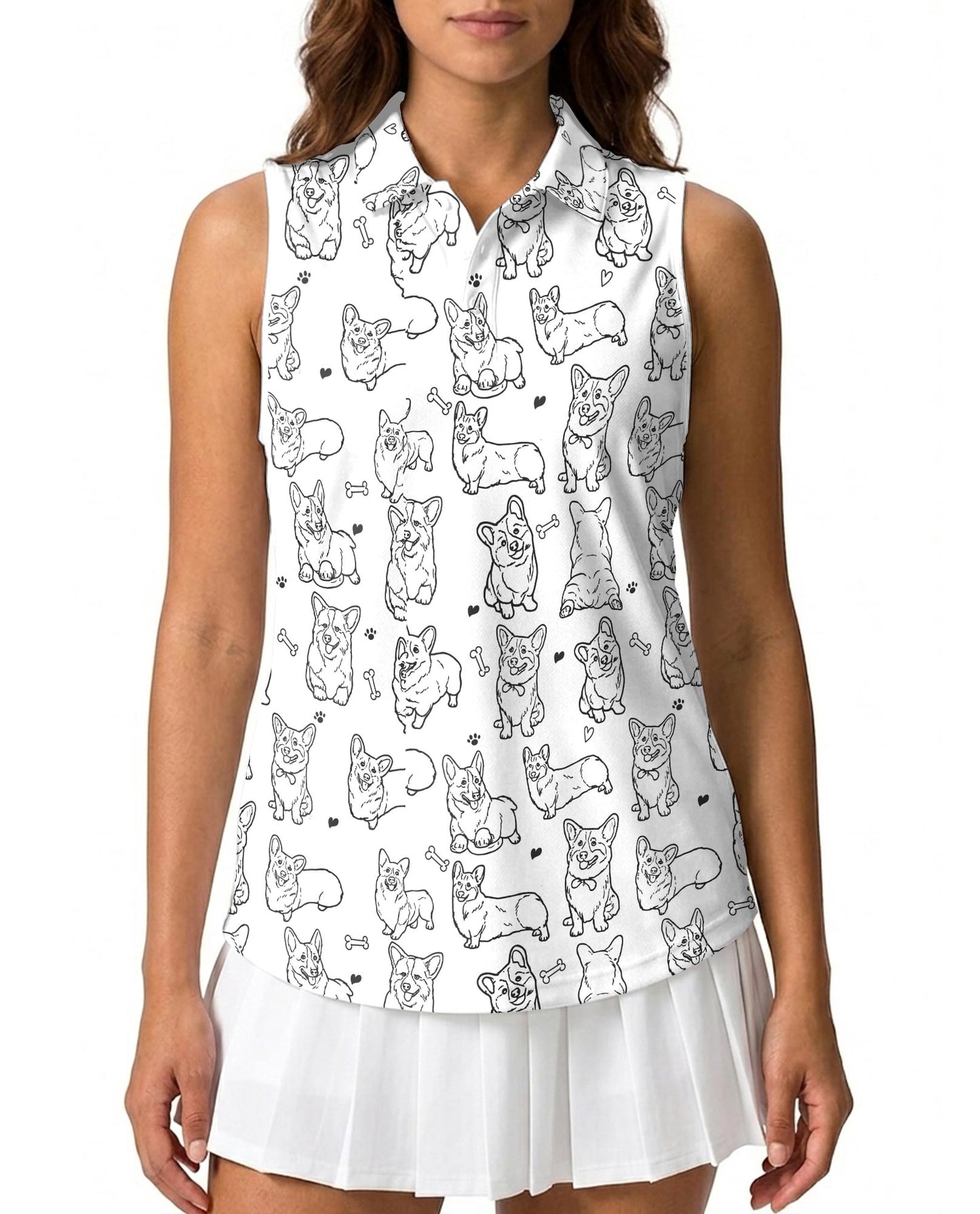 Corgi Pattern Sleeveless Polo Shirt for Women | Netecom