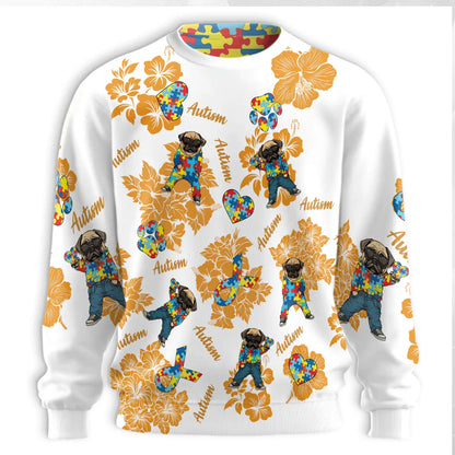 Pug Autism Awareness Sweatshirt, 3D All Over Print Cute Dog Crewneck Pullover for Men Women, Autism Awareness Gift - Netecom