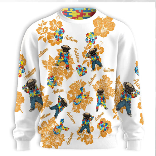 Pug Autism Awareness Sweatshirt, 3D All Over Print Cute Dog Crewneck Pullover for Men Women, Autism Awareness Gift - Netecom