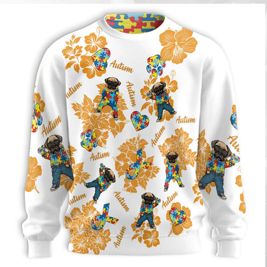 Pug Autism Awareness Sweatshirt, 3D All Over Print Cute Dog Crewneck Pullover for Men Women, Autism Awareness Gift - Netecom