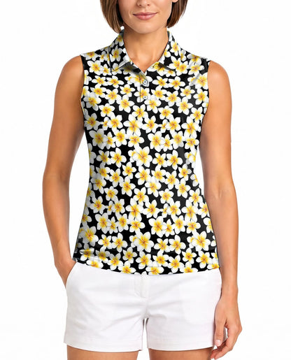 Yellow Plumeria Sleeveless Polo Shirt for Women | Netecom