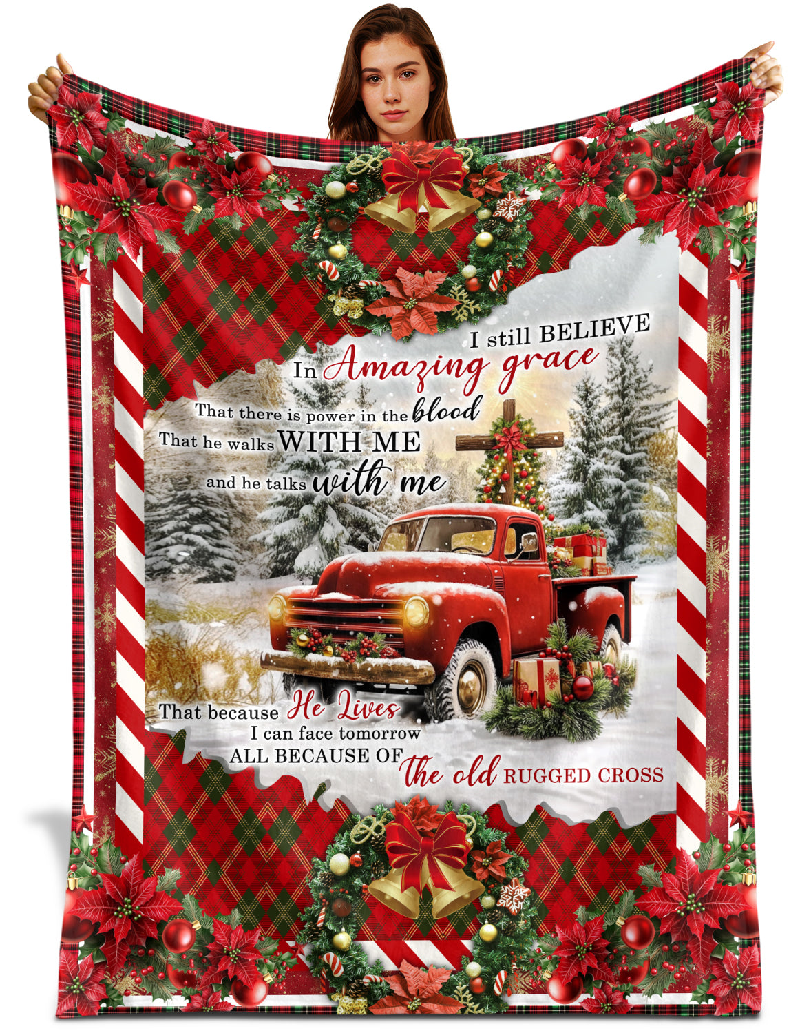 Netecom Christmas Cross and Red Truck Blanket, Holiday Religious Throw Blanket for Couch, Bed or Sofa, Ultra Soft Warm Gift for Christmas and Cozy Winter