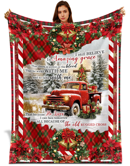 Netecom Christmas Cross and Red Truck Blanket, Holiday Religious Throw Blanket for Couch, Bed or Sofa, Ultra Soft Warm Gift for Christmas and Cozy Winter