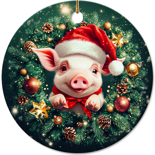 Netecom Cute Pig Christmas Ornament, Farm Animal Santa Hat Ceramic Ornament for Xmas Tree Hanging Decorations Gift, Farmhouse Decor, Gifts for Famer, Holiday Party Present