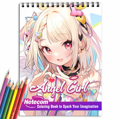 Angel Girl Spiral Bound Coloring Book, Indulge in 30 Pages of Coloring Delights, Bringing to Life the Mesmerizing and Delicate Aesthetic of Anime Angel Girls