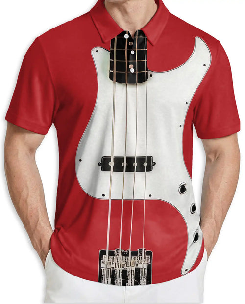 Red Bass Guitar 3D Polo Shirt for Men – Rock Music Instrument Style | Netecom