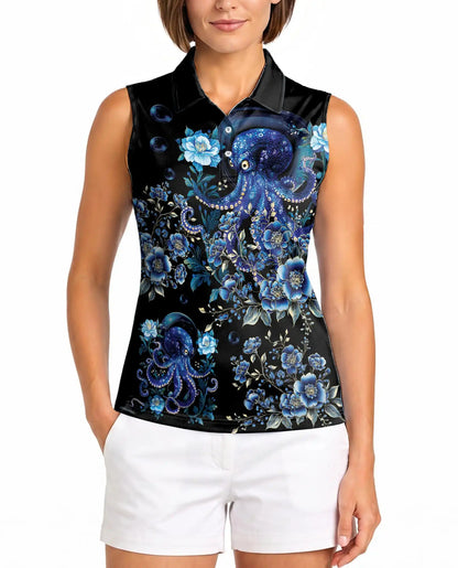 Blue Octopus Floral Sleeveless Polo Shirt for Women – Ocean Tropical Style | Netecom