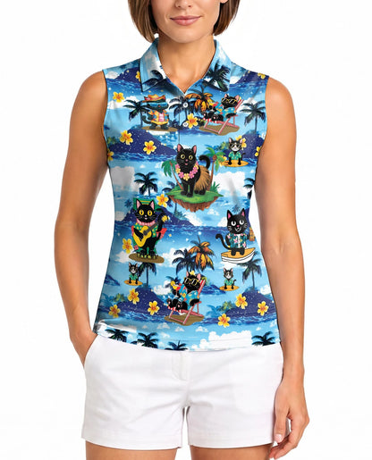 Tropical Cat Sleeveless Polo Shirt for Women | Netecom