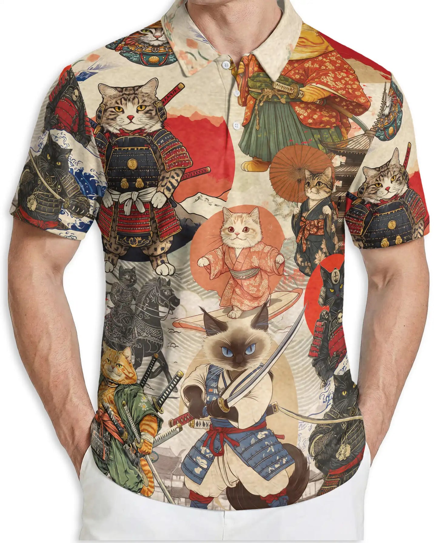 Samurai Cat 3D Polo Shirt for Men – Japanese Warrior Anime Style | Netecom