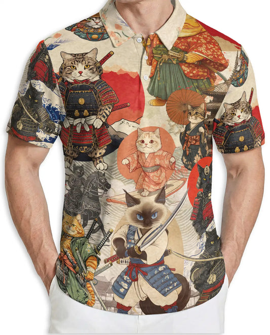 Samurai Cat 3D Polo Shirt for Men – Japanese Warrior Anime Style | Netecom