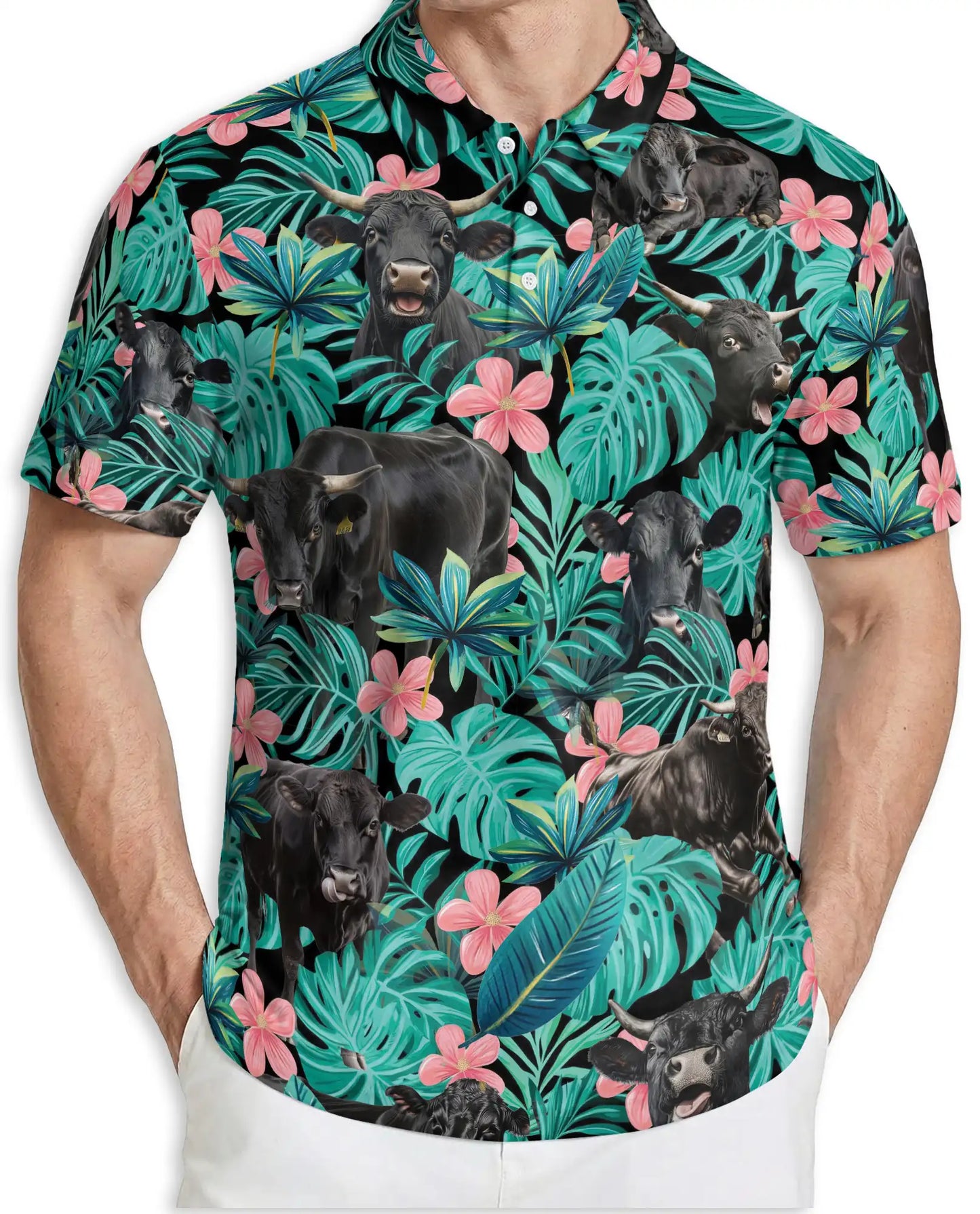 Black Cow Tropical Floral 3D Polo Shirt for Men – Hawaiian Farm Animal Style | Netecom