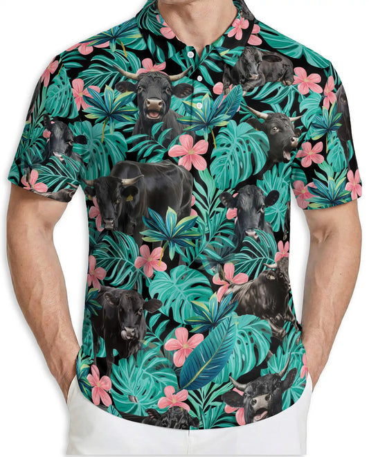Black Cow Tropical Floral 3D Polo Shirt for Men – Hawaiian Farm Animal Style | Netecom