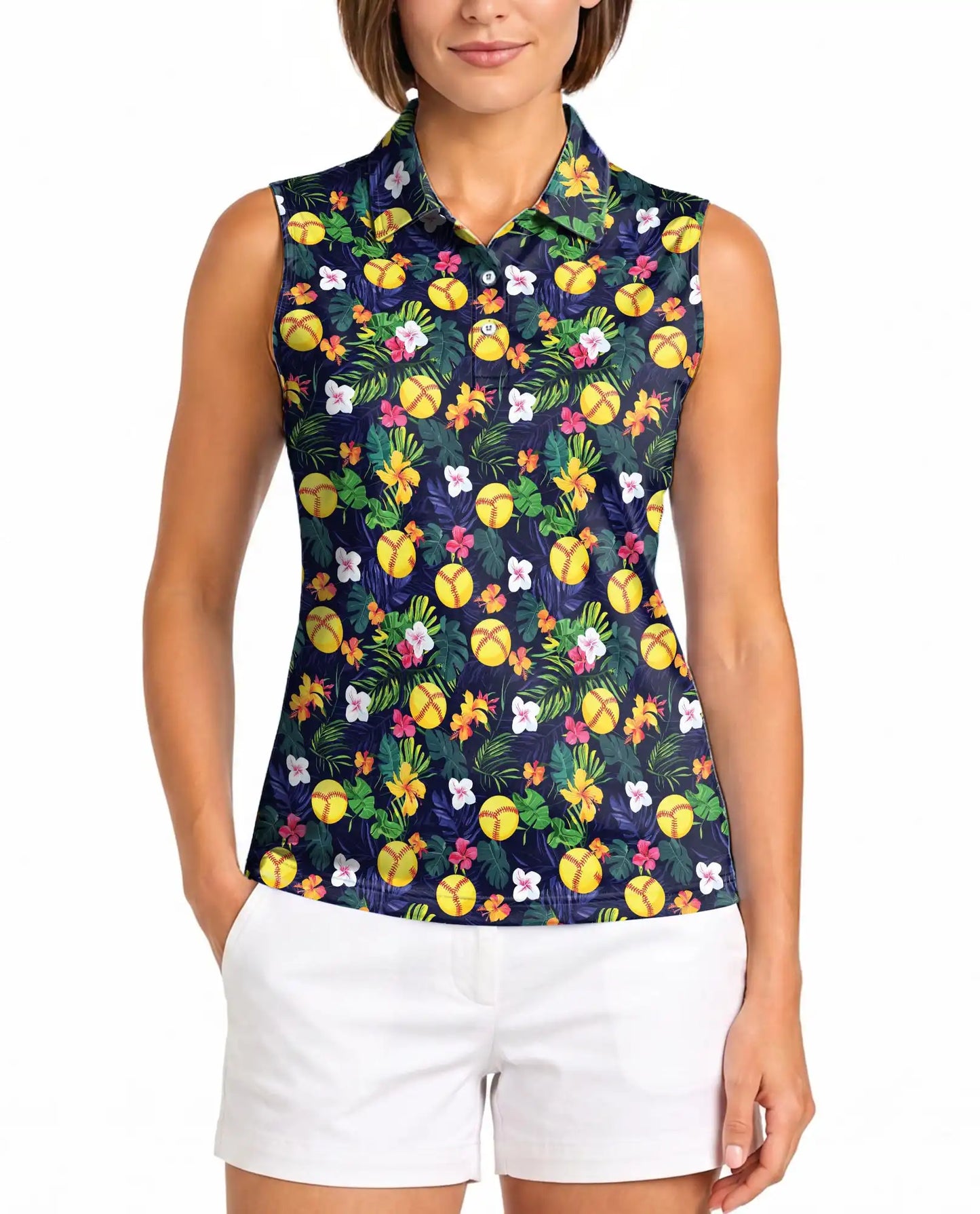 Softball Simple Floral Sleeveless Polo Shirt for Women – Sporty Flower Style | Netecom