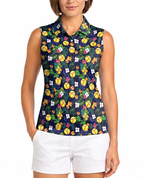Softball Simple Floral Sleeveless Polo Shirt for Women – Sporty Flower Style | Netecom