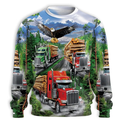 Logging Truck Eagle Sweatshirt, 3D All Over Print Forestry Crewneck Pullover for Men Women, Logger Eagle Lover Gift - Netecom