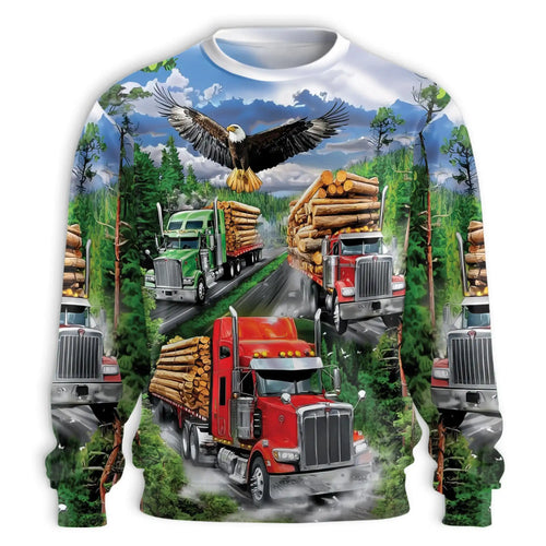 Logging Truck Eagle Sweatshirt, 3D All Over Print Forestry Crewneck Pullover for Men Women, Logger Eagle Lover Gift - Netecom