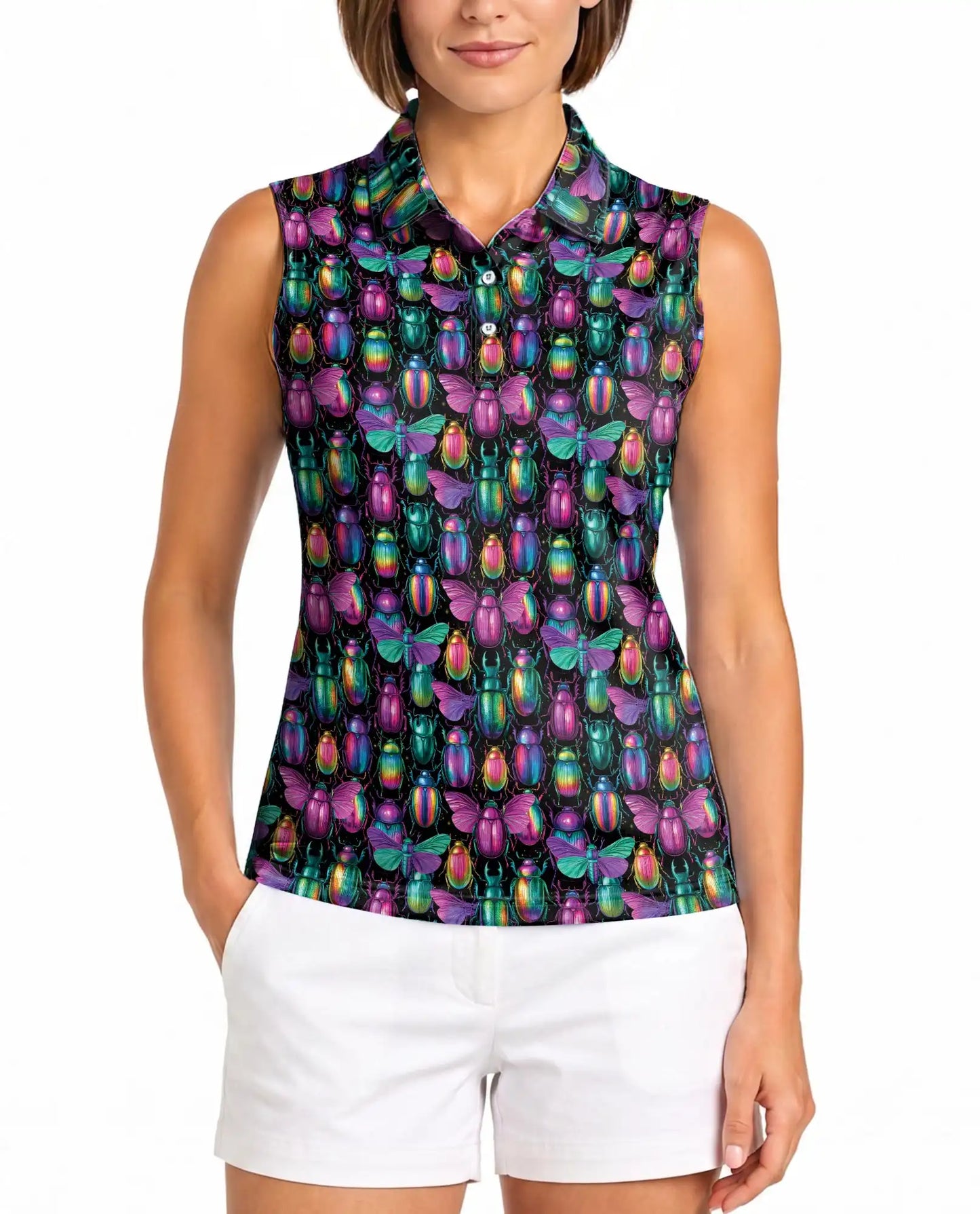 Iridescent Beetle Pattern Sleeveless Polo Shirt for Women  | Netecom