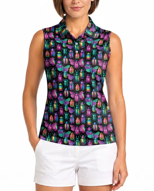 Iridescent Beetle Pattern Sleeveless Polo Shirt for Women  | Netecom